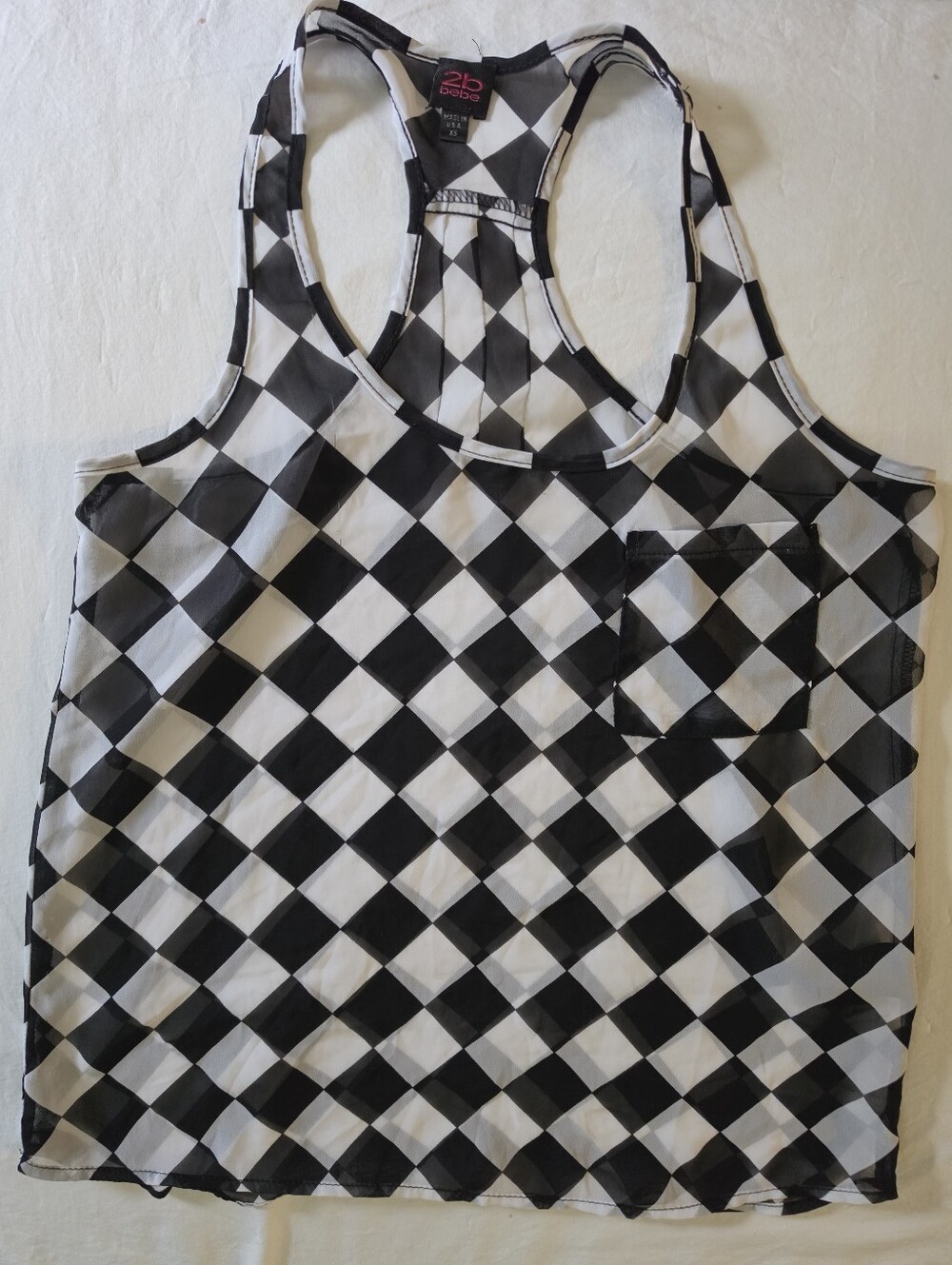 2b Bebe Sheer Checkerboard Racerback Tank Top Black White Pocket Chiffon Size XS